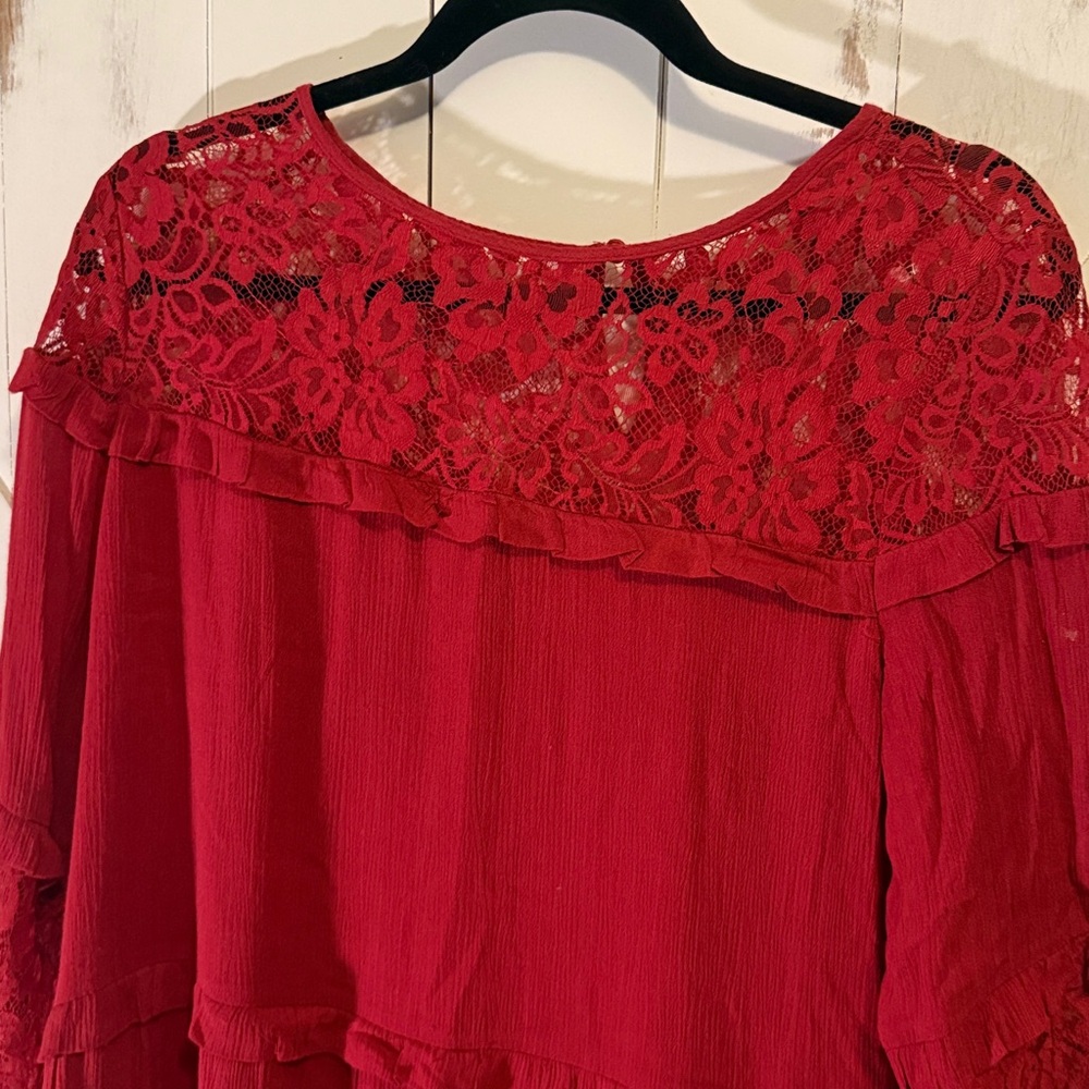 Elegant Red Lace Ruffle Dress - Picture 2 of 8